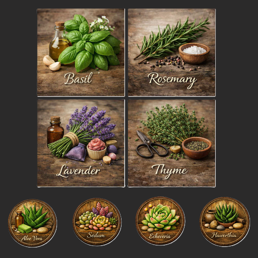 Botanical home décor featuring rustic coasters inspired by herbs, succulents, and natural textures. Perfect for cottagecore homes and plant lovers