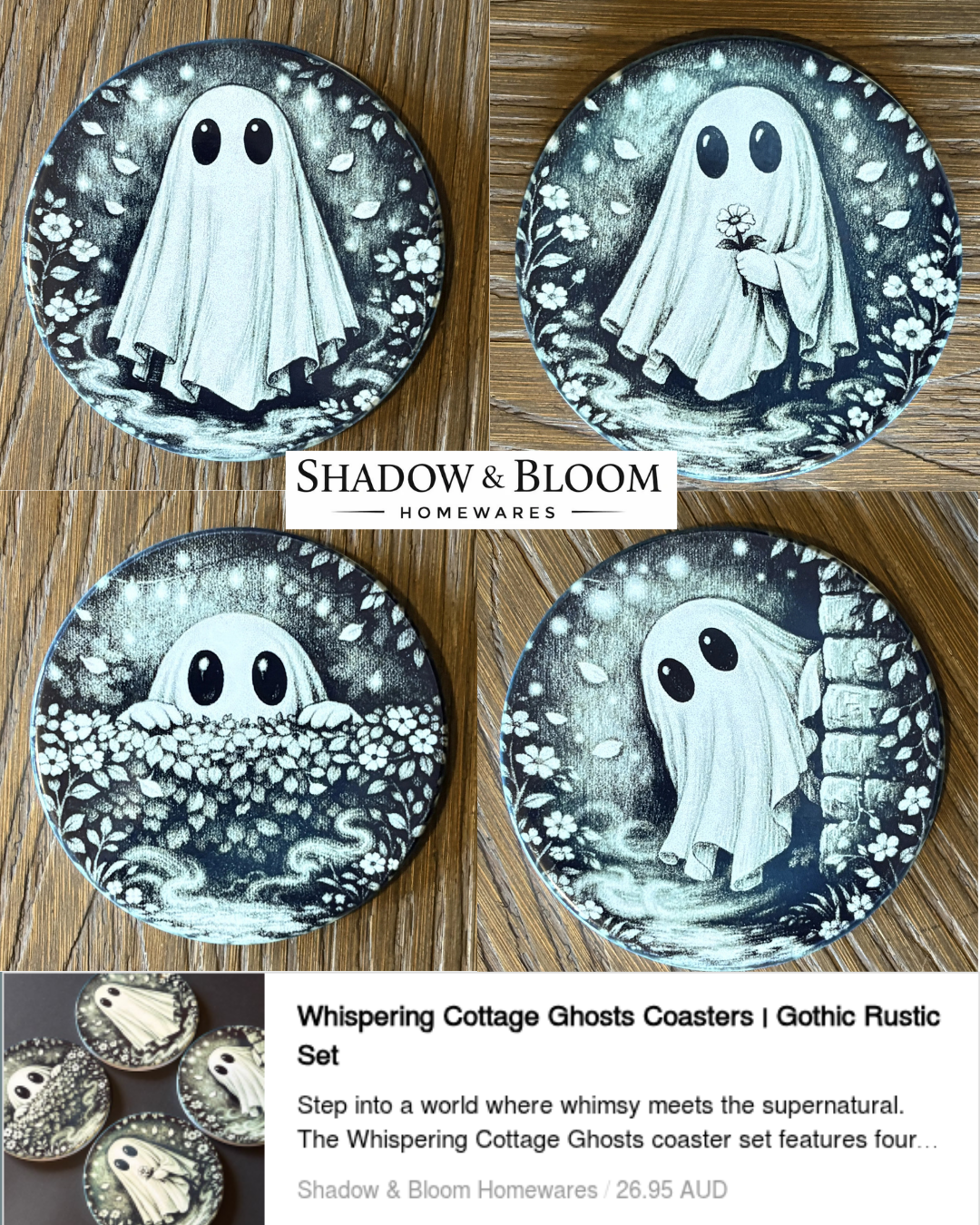 Whispering Cottage Ghosts Coasters | Gothic Rustic Set