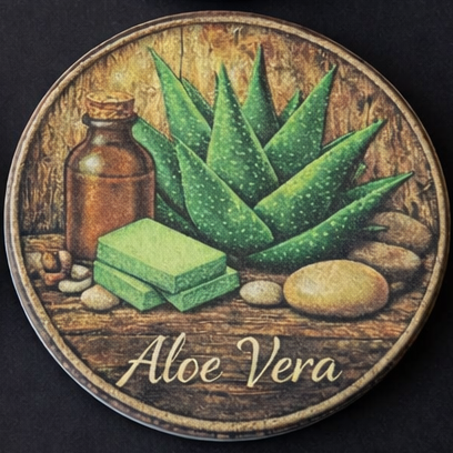 Round coaster featuring an illustrated aloe vera design with green aloe leaves, a brown bottle, green soap bars, stones, and the words 'Aloe Vera' on a dark background.