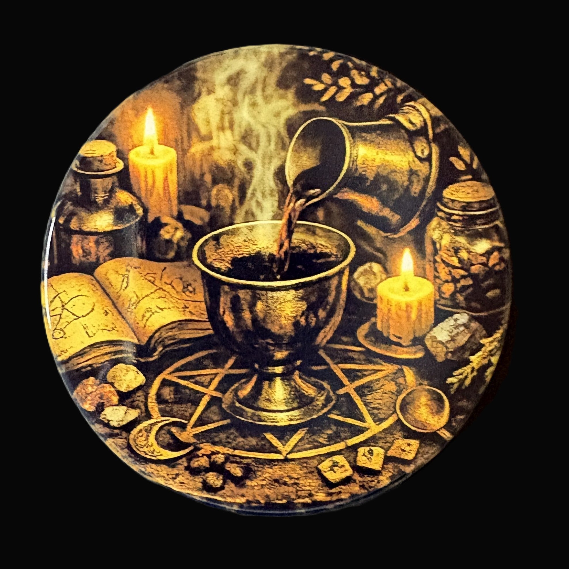 Decorative plate with a mystical design featuring a cup, candles, and books on a dark background.