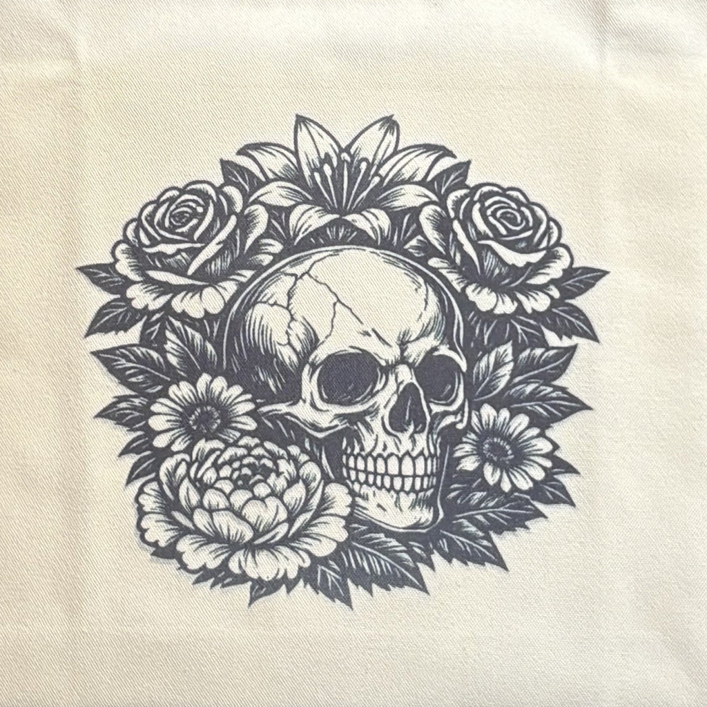 Skull surrounded by flowers on a textured beige background