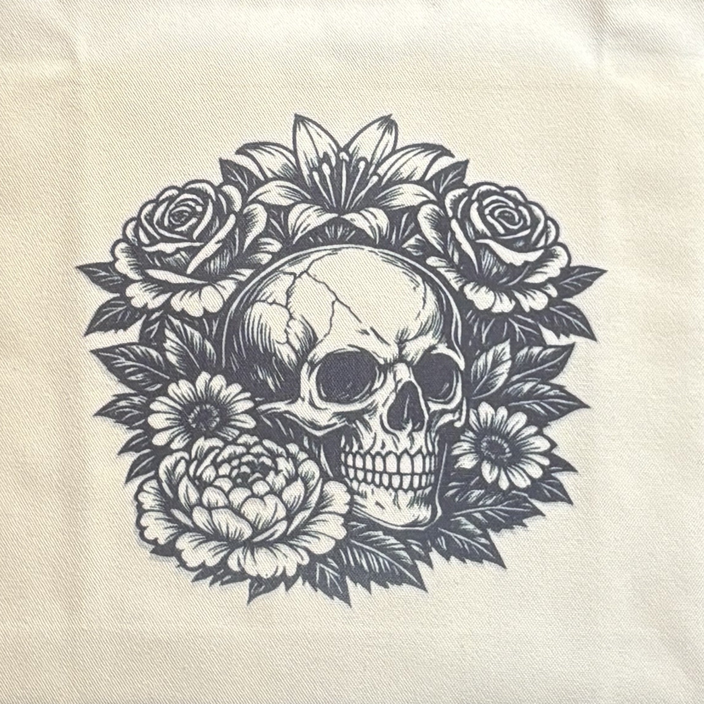 Skull surrounded by flowers on a textured beige background
