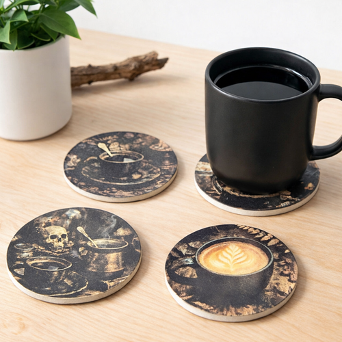 Set of four coasters with coffee-themed designs on a wooden table with a black mug.