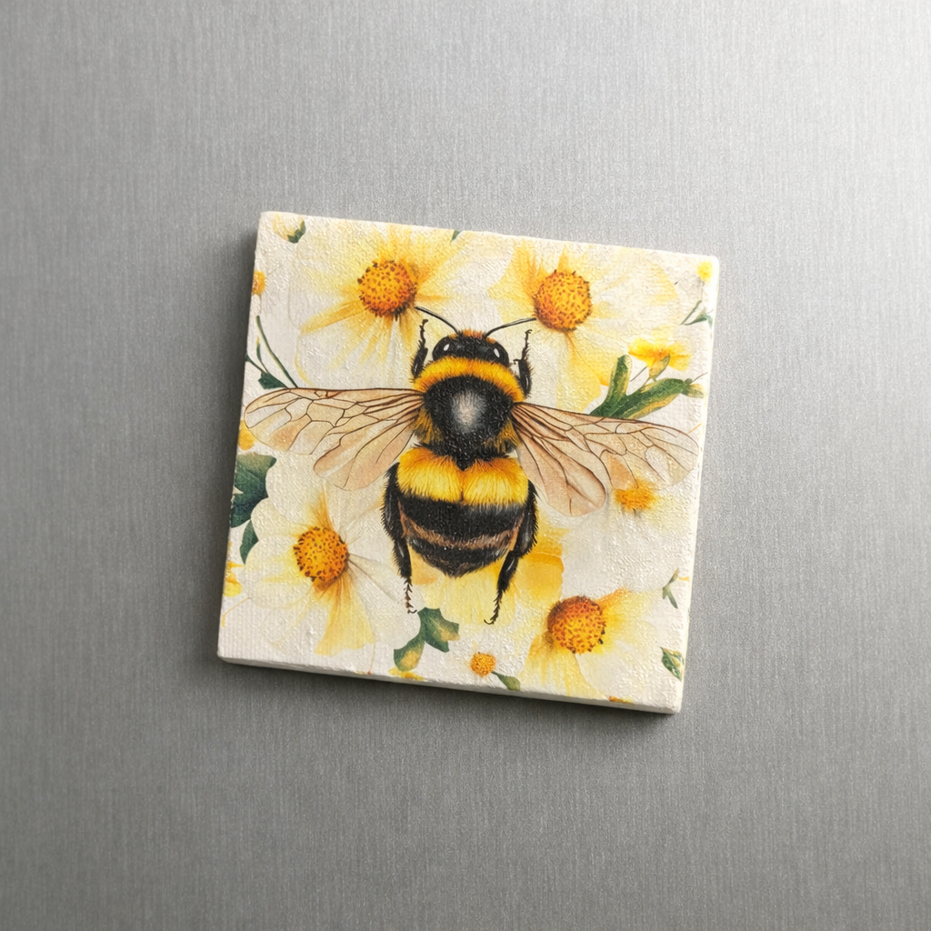 A square decorative magnet featuring a painted bumblebee over yellow flowers, photographed on a brushed silver metal surface.