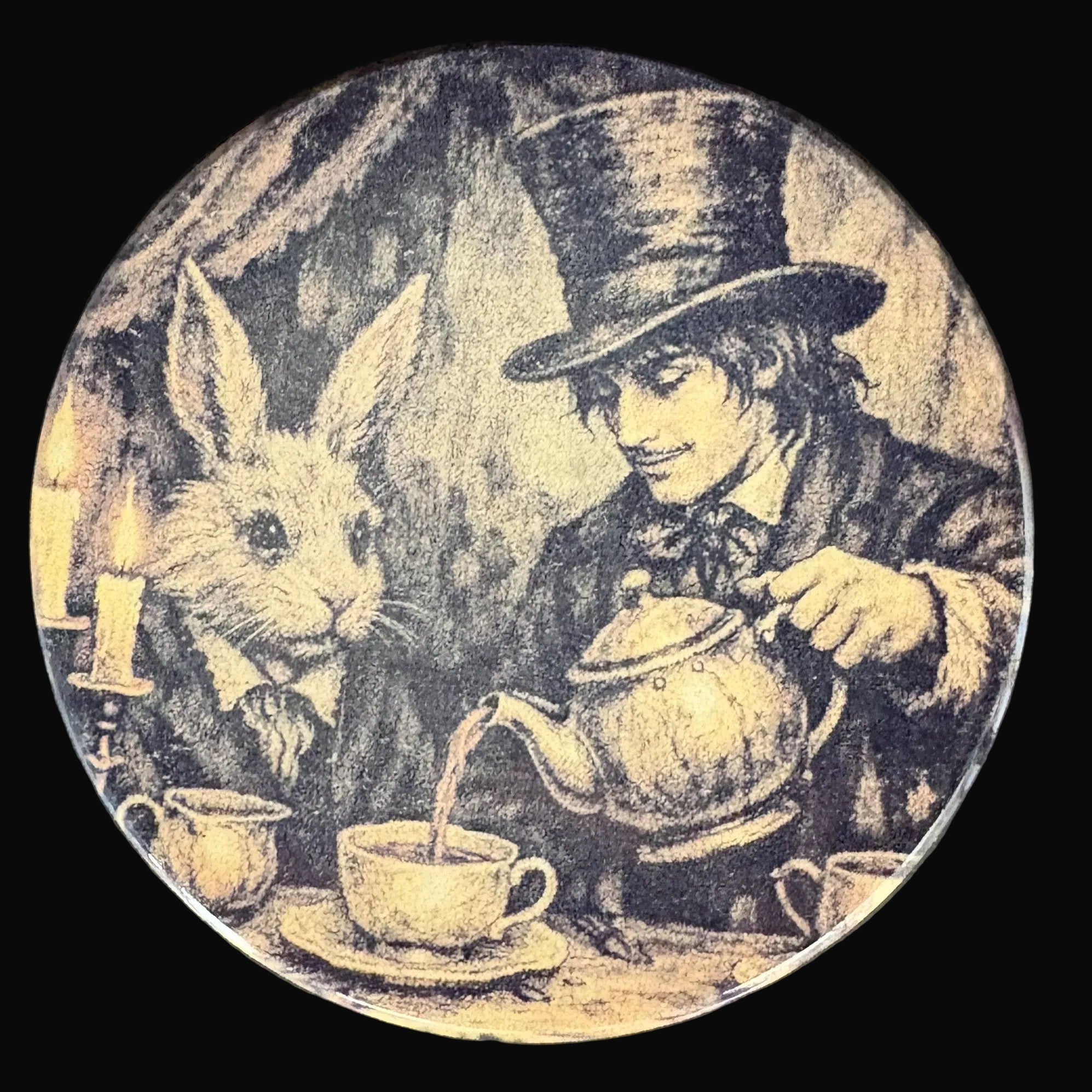 Illustration of a man in a top hat with a rabbit, pouring tea into a cup, on a dark background.
