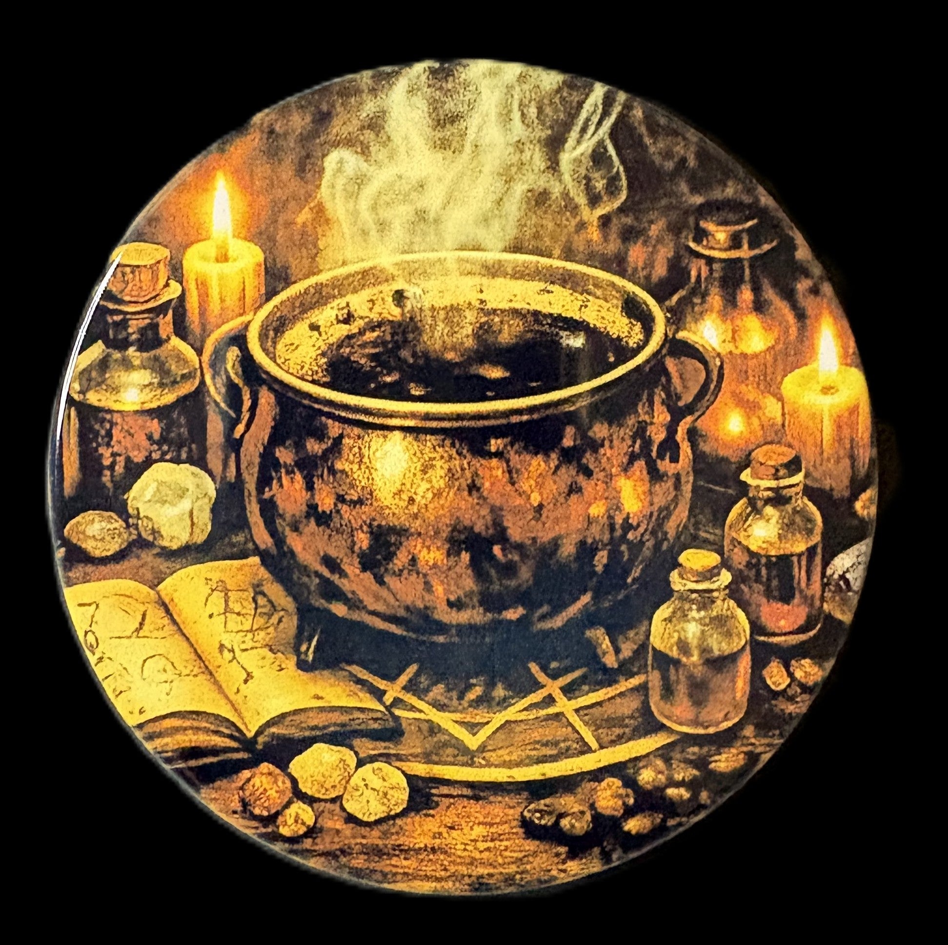 Decorative circular design with a cauldron, candles, and bottles on a dark background