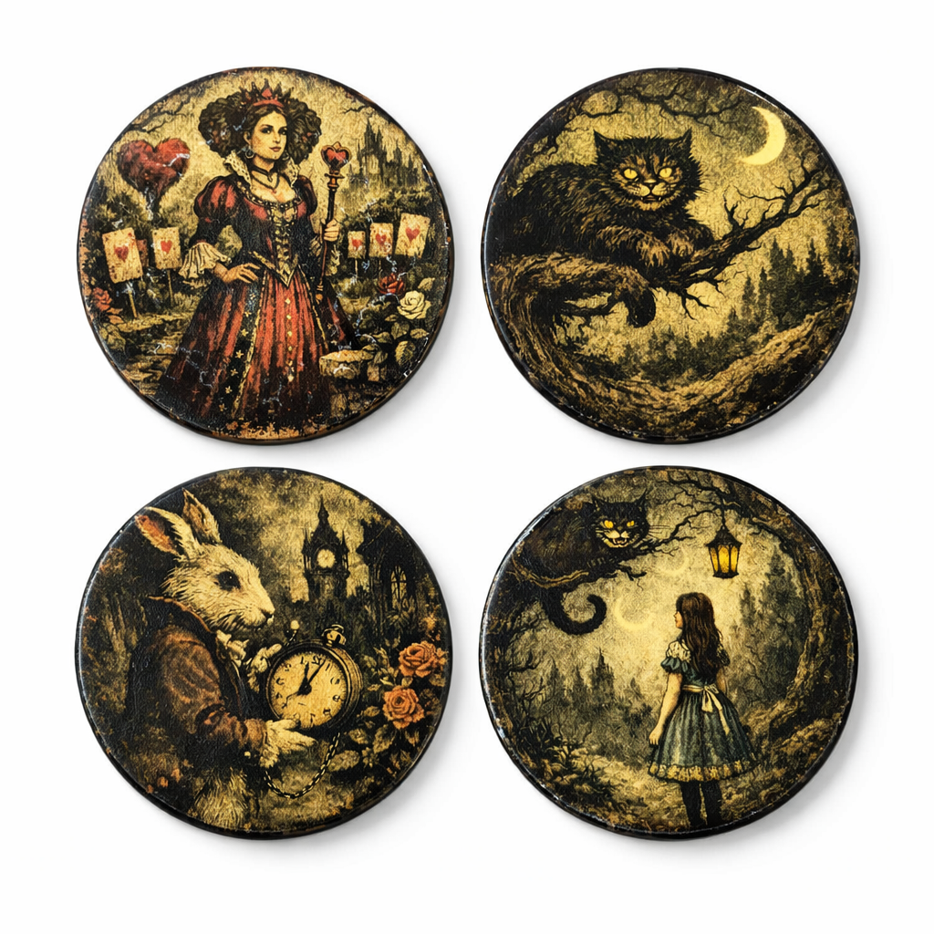 Four circular coasters with vintage-style illustrations on a white background