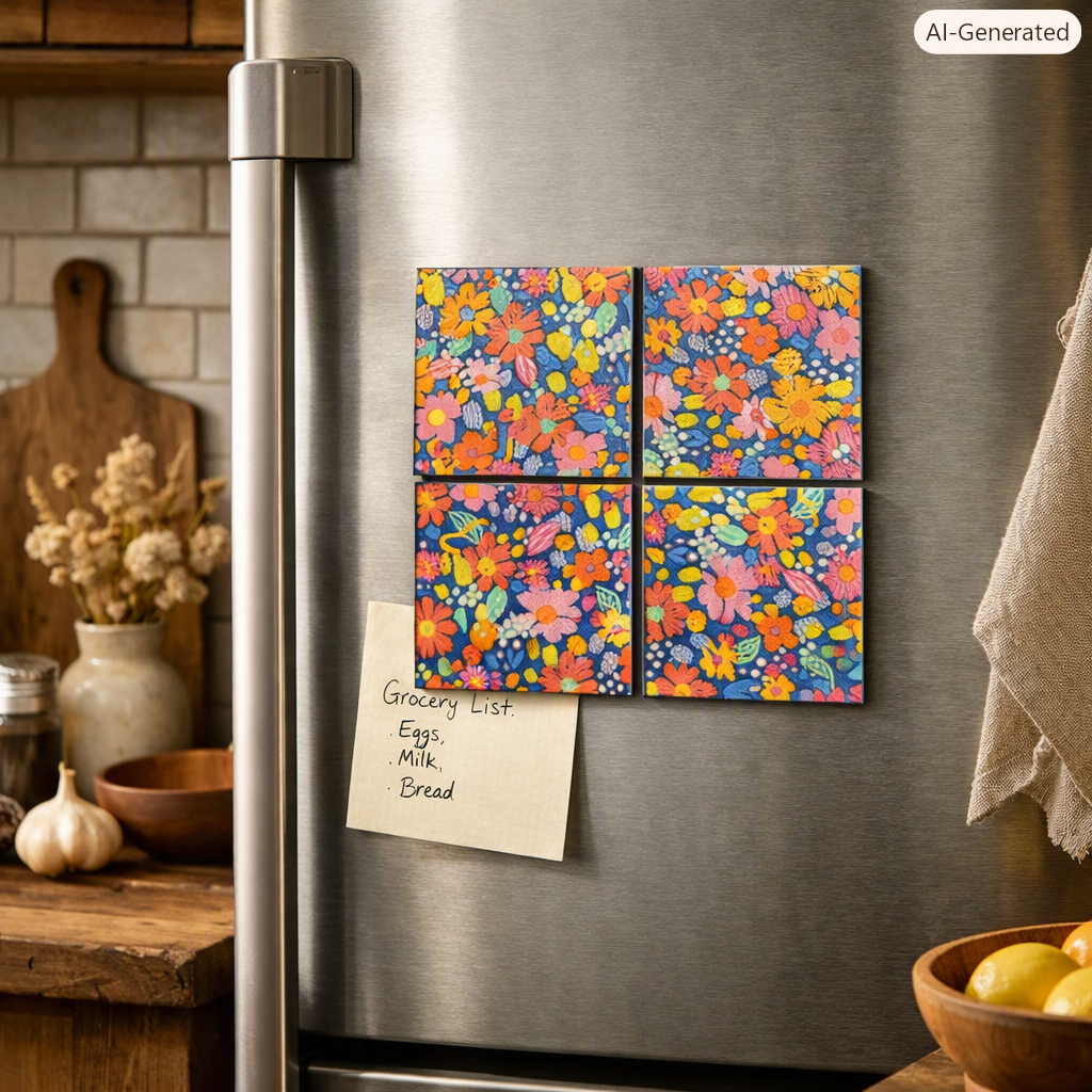 Four square floral magnets with a colorful spring flower pattern are arranged in a 2x2 grid on a stainless steel refrigerator. A handwritten grocery list note is attached below the magnets, with a kitchen setting visible in the background.