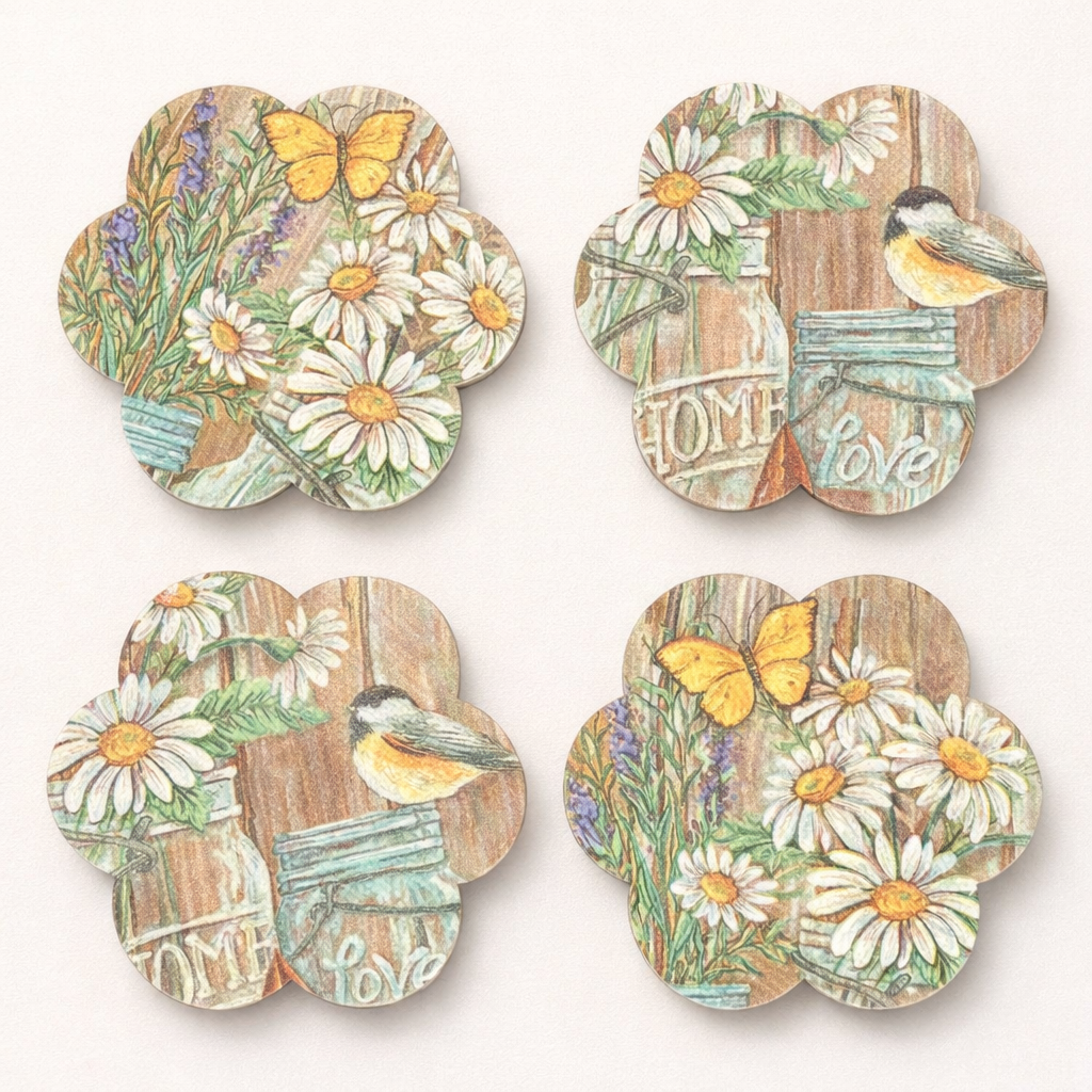 Set of four decorative coasters with floral and nature-themed designs on a white background.