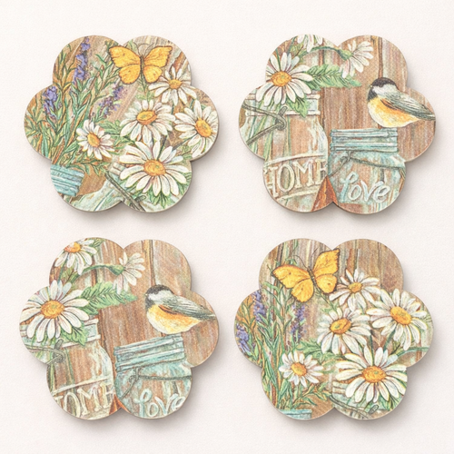 Set of four decorative coasters with floral and nature-themed designs on a white background.