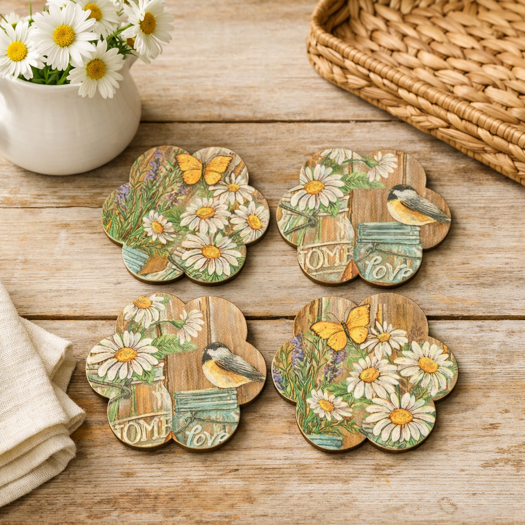 Set of decorative Magnets with floral and nature-themed designs on a canvas surface.