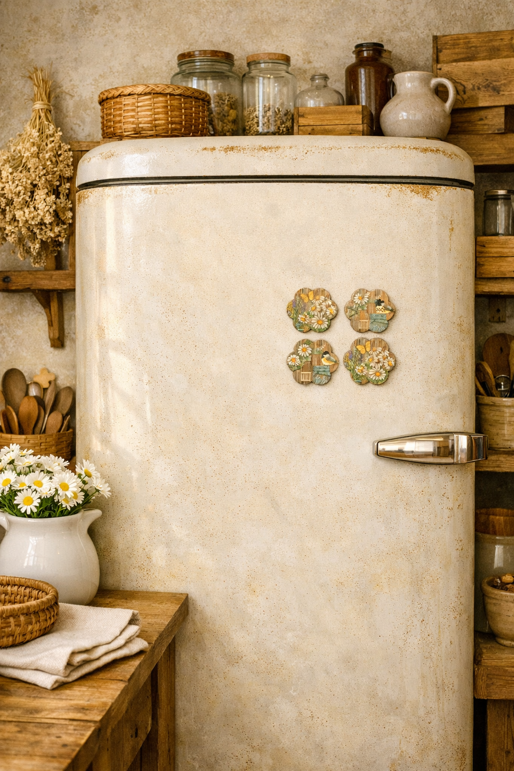 Vintage refrigerator with decorative magnets in a rustic kitchen setting