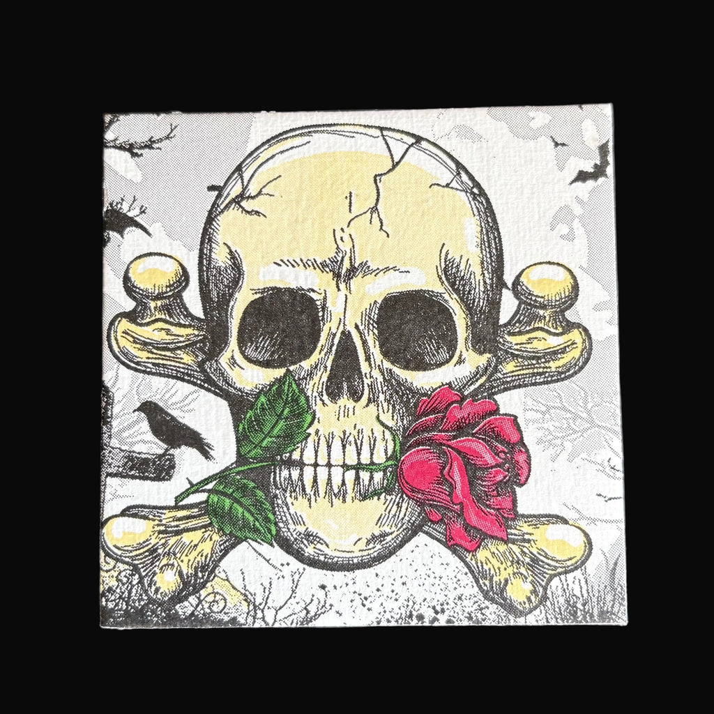 A square magnet featuring a gothic-style skull and crossbones design, with a red rose in the skull's mouth, green leaves, and black birds on a gray background, photographed against a dark gray surface.