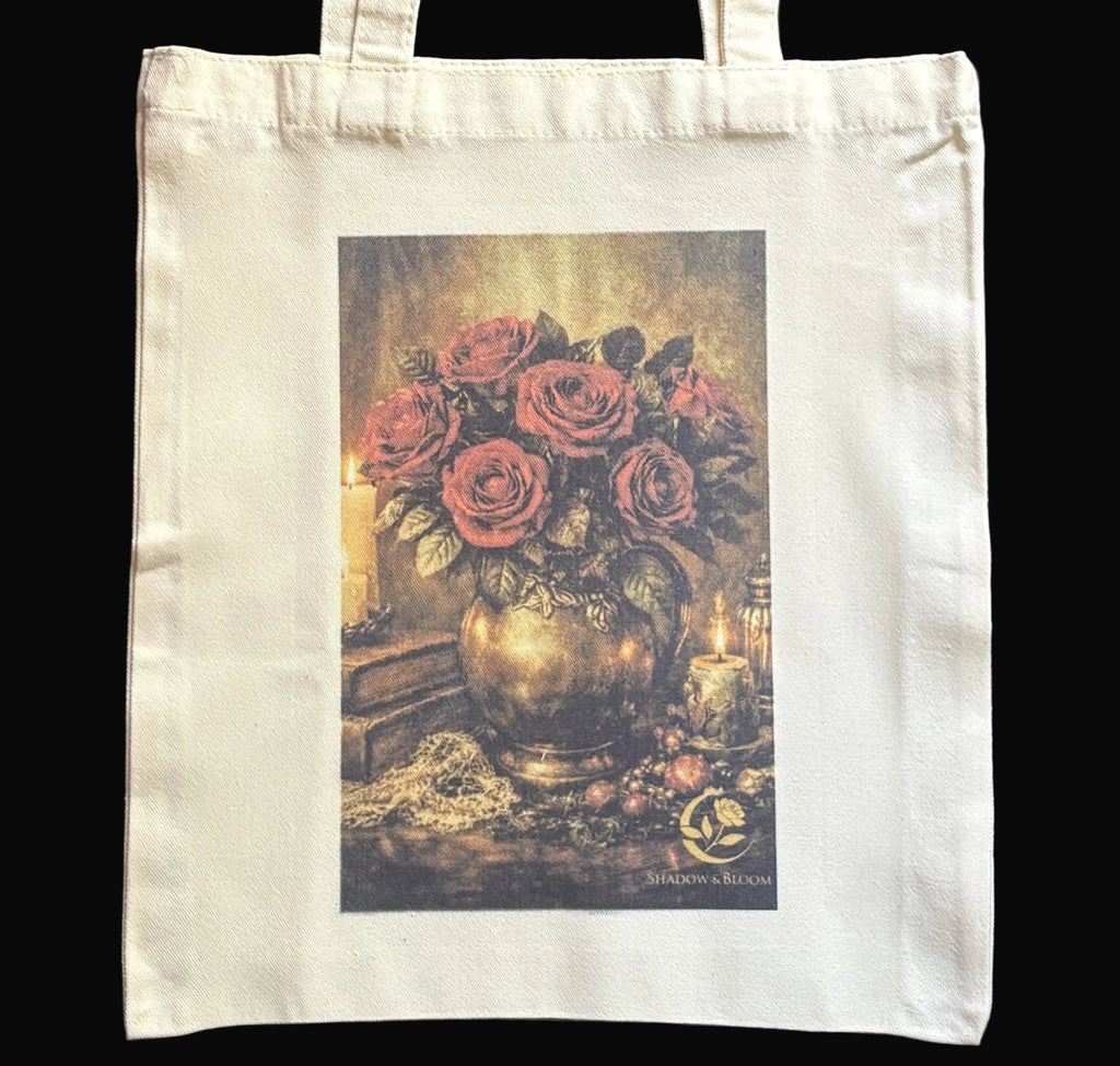Tote bag with a design of roses and a vase on a dark background