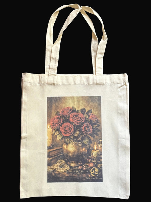 Tote bag with floral design on a dark background