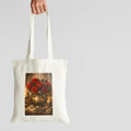 Tote bag with a design of red roses in a vase on a gray background