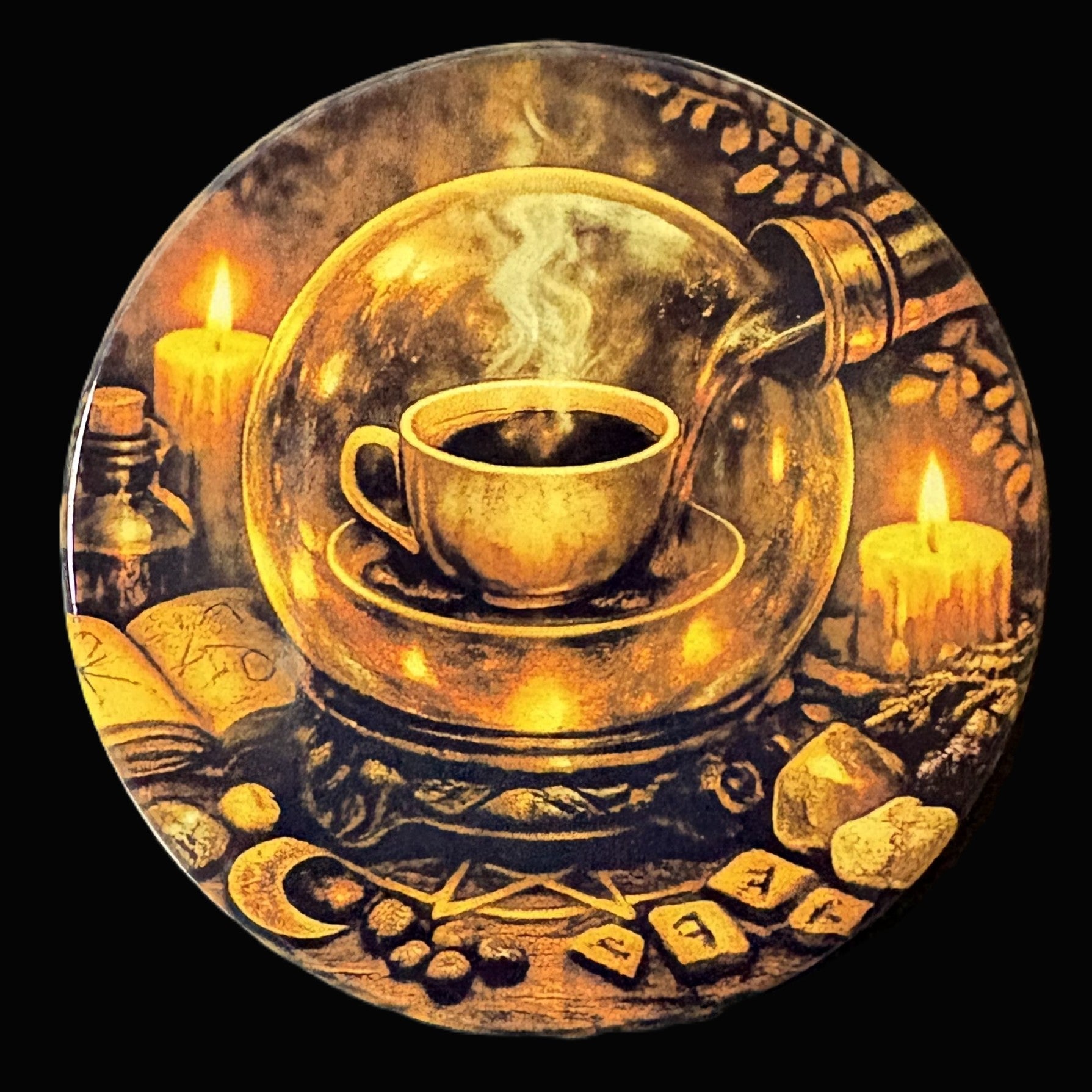 Decorative plate with a cup of coffee, candles, and books on a dark background