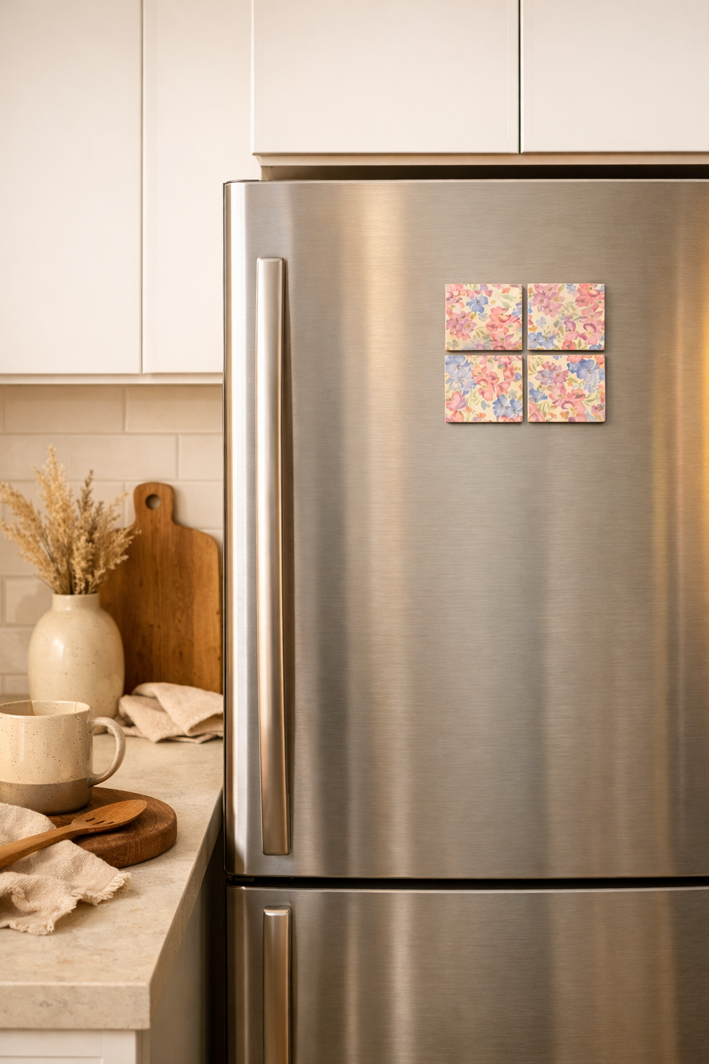 Stainless steel refrigerator with floral magnets in a kitchen setting
