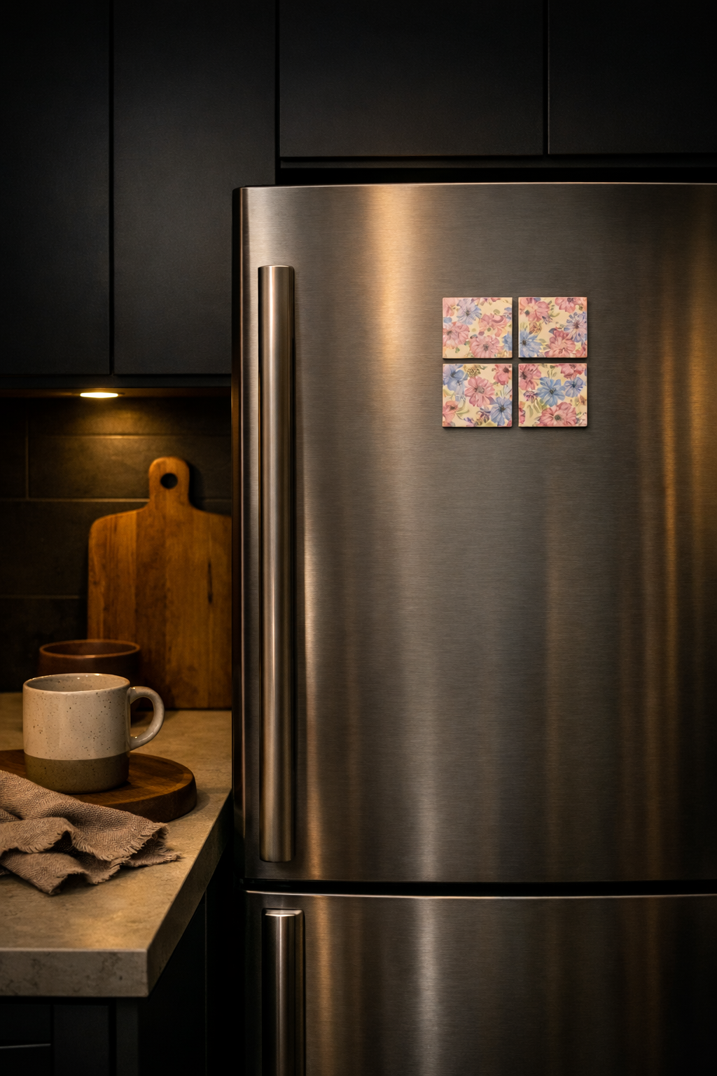 Stainless steel refrigerator with colorful magnets in a kitchen setting