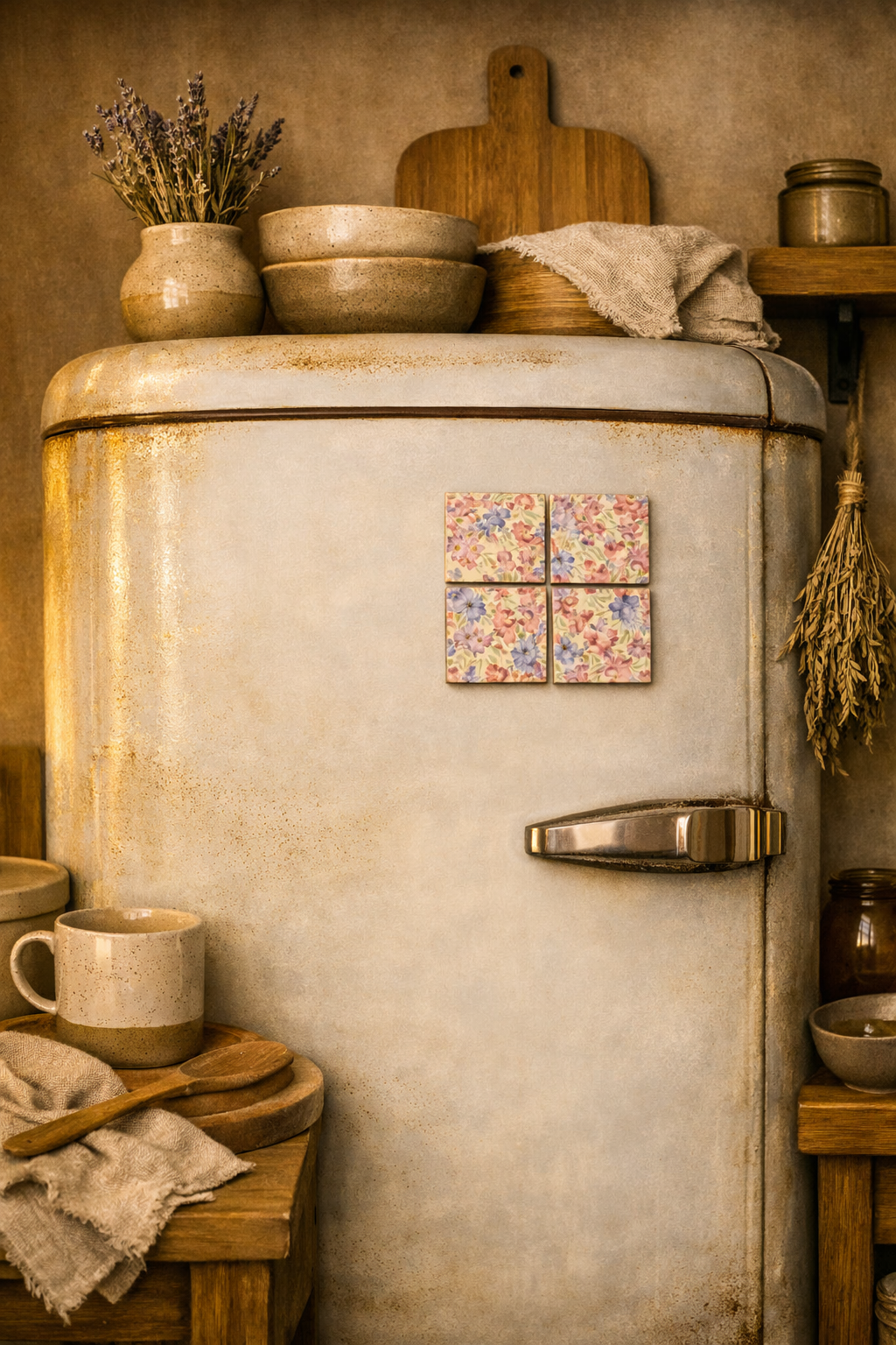 Vintage refrigerator with floral magnets in a rustic kitchen setting