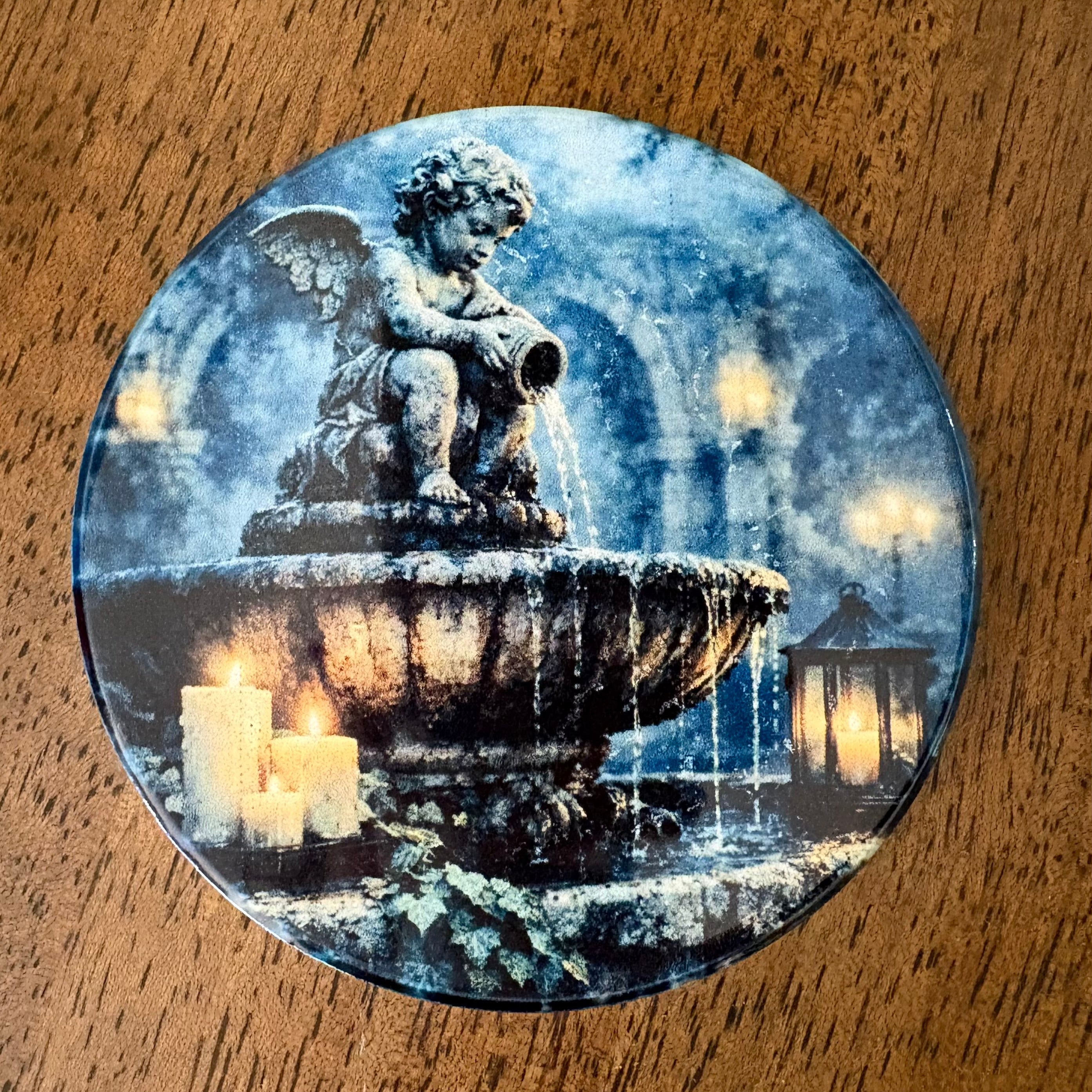 A classical cherub fountain surrounded by warm candlelight and mist — a tranquil moment frozen in time.