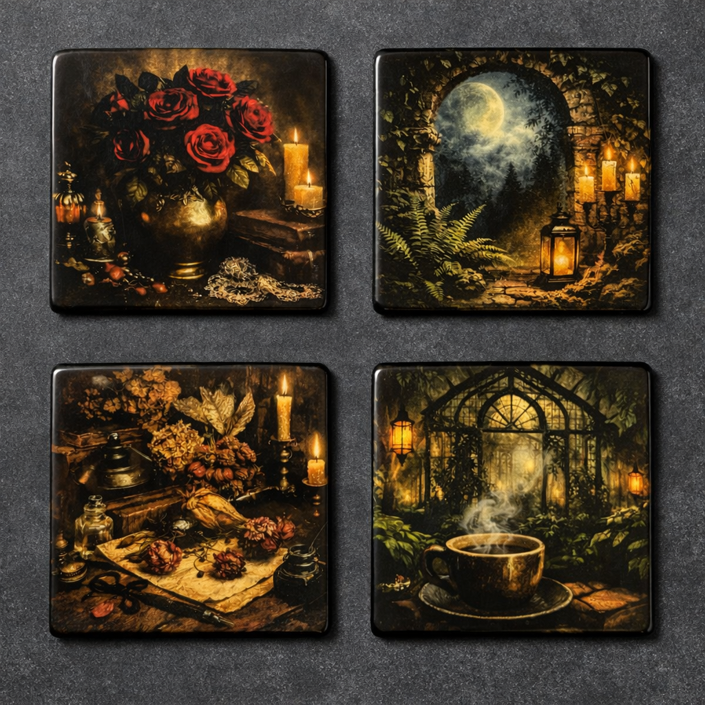 Four square decorative coasters or tiles arranged in a 2x2 grid on a dark textured background. Each tile features a different vintage-style illustrated scene: red roses in a vase with candles, a moonlit stone archway with lanterns, dried flowers and tea on a table with candles, and a steaming cup inside a glowing greenhouse.