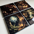 Four square coasters with gothic fantasy illustrations arranged in a 2x2 grid on a white surface. The designs feature dark roses, a candlelit table, a moonlit stone archway with ferns, and a steamy greenhouse scene.