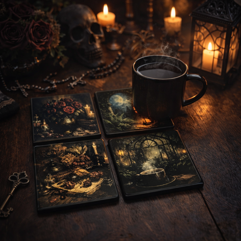 Dark-themed coasters with artistic designs on a wooden table with a mug of steaming coffee.