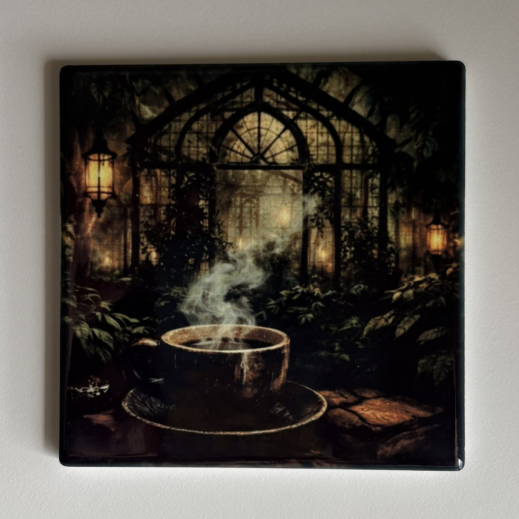A square coaster featuring a moody illustration of a steaming coffee cup in a greenhouse, shown against a plain light gray background.