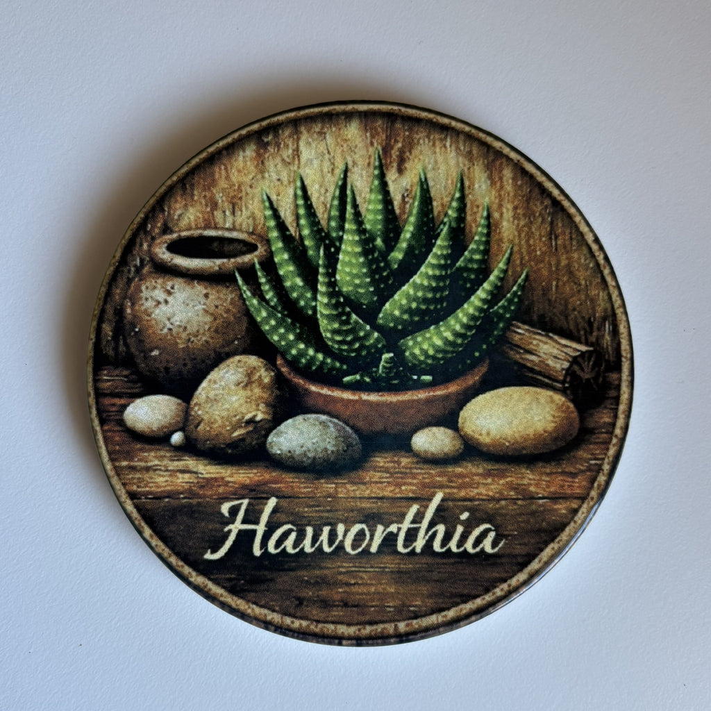 A round coaster featuring a Haworthia succulent in a terracotta pot on a rustic wooden surface, with stones, a small vase, and the word 'Haworthia' in script at the bottom.