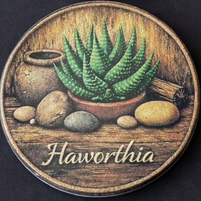A round coaster featuring a Haworthia succulent in a terracotta pot on a rustic wooden surface, with stones, a small vase, and the word 'Haworthia' in script at the bottom.