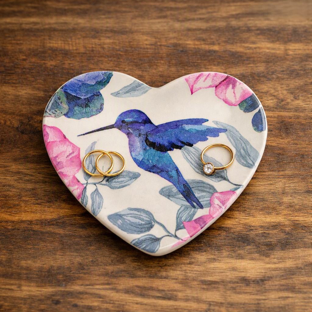 A heart-shaped ceramic ring holder with a blue hummingbird and pink floral pattern, holding two gold rings on a dark wood background.