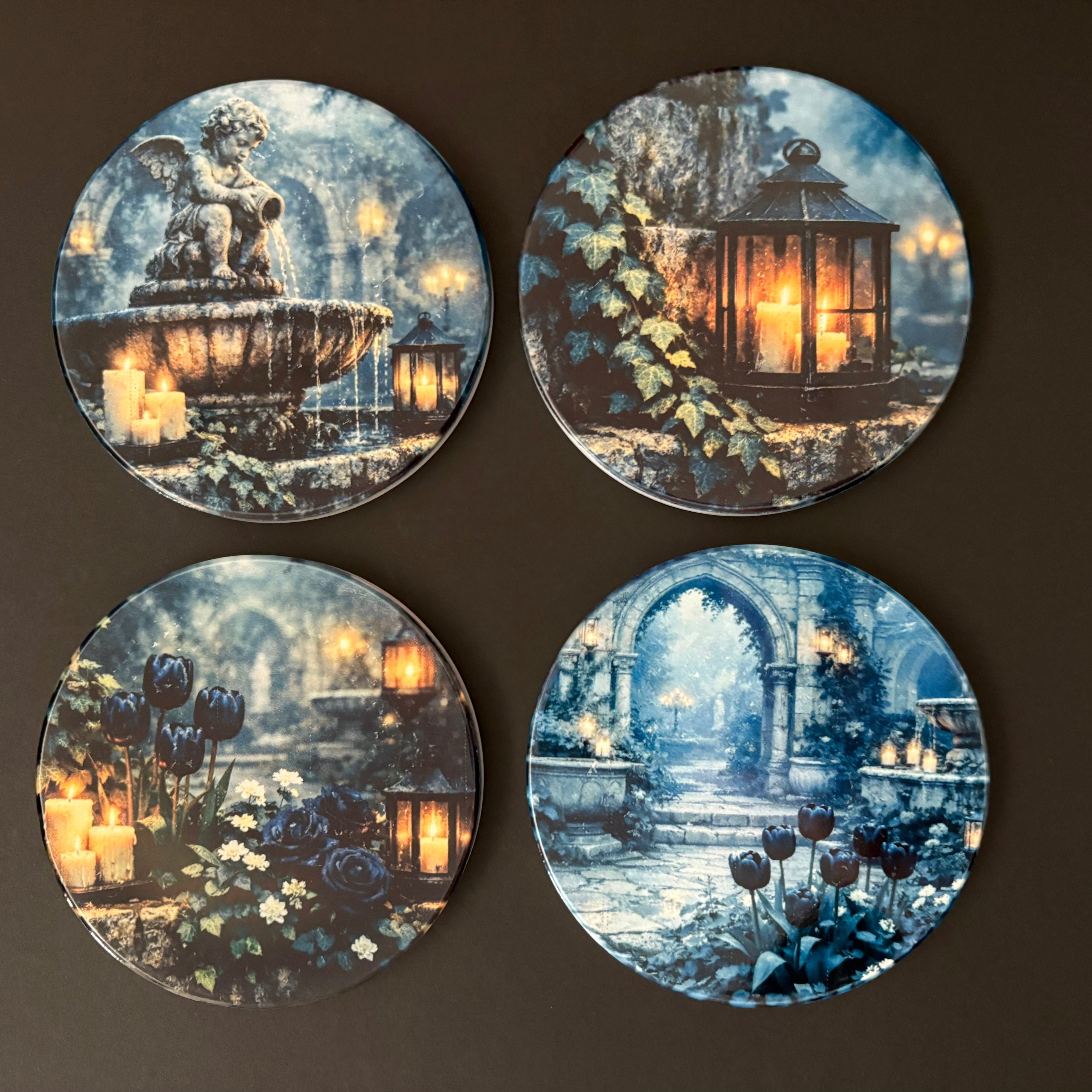 A moody 4 piece coaster set inspired by candlelit gardens, ivy stone, and lantern glow. Perfect for gothic, dark cottagecore, and atmospheric home styling.