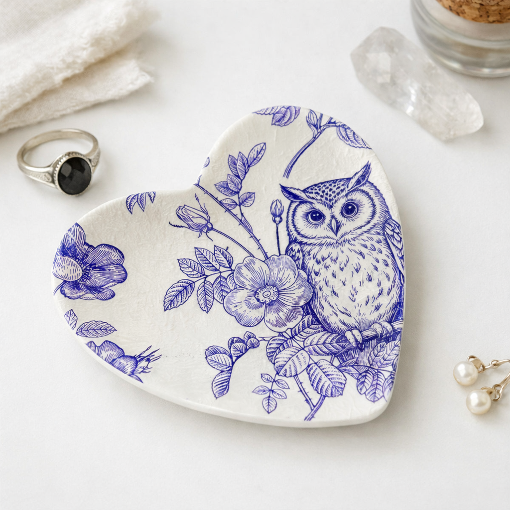 A heart-shaped ceramic dish with a blue floral and owl toile pattern on a white background, styled with jewelry and crystals on a light surface.