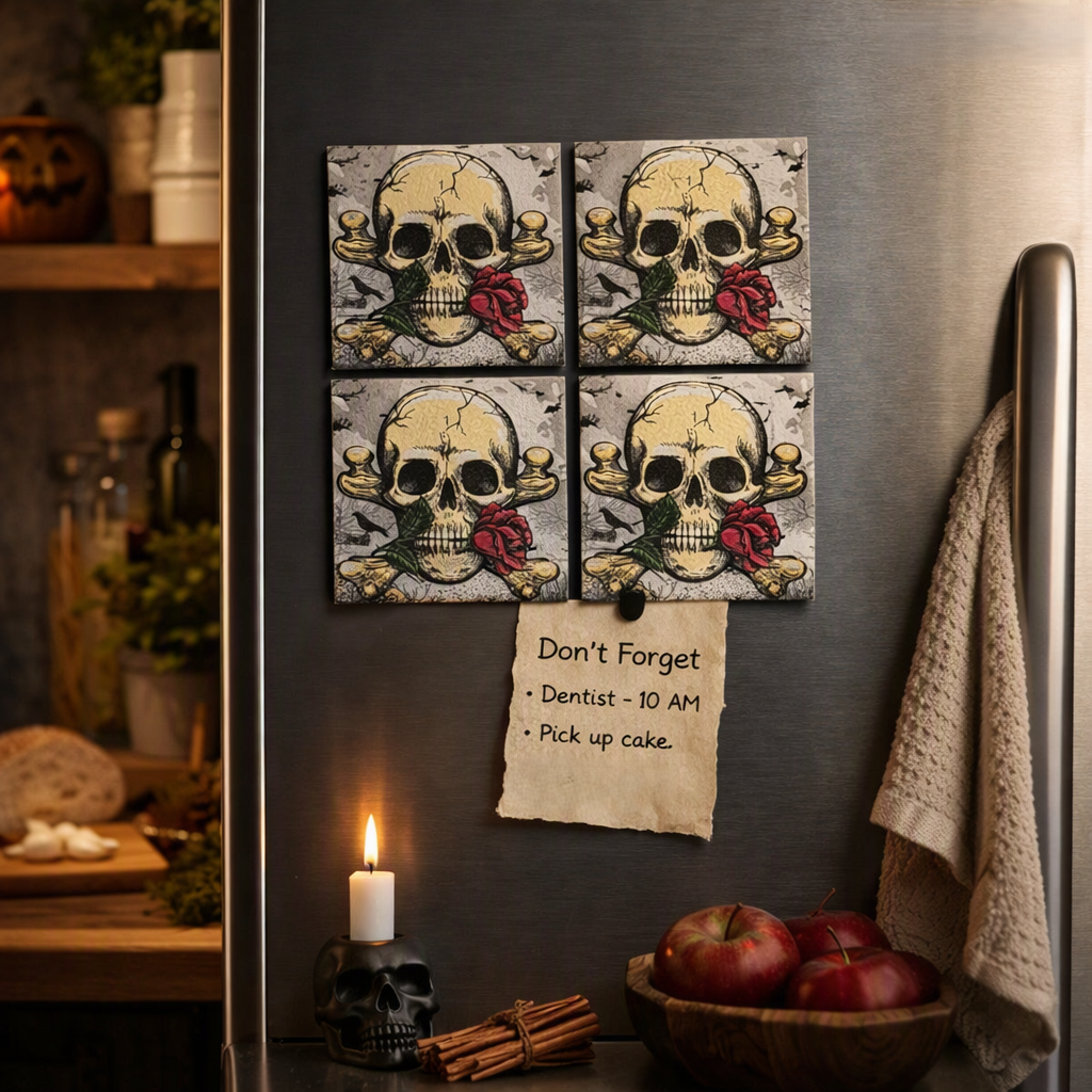 Four square decorative magnets featuring a skull and rose design, arranged in a 2x2 grid on a dark refrigerator. A handwritten note on the fridge reads 'Don't Forget' with a list, and the scene is styled with a candle, apples, and a towel in a kitchen setting.