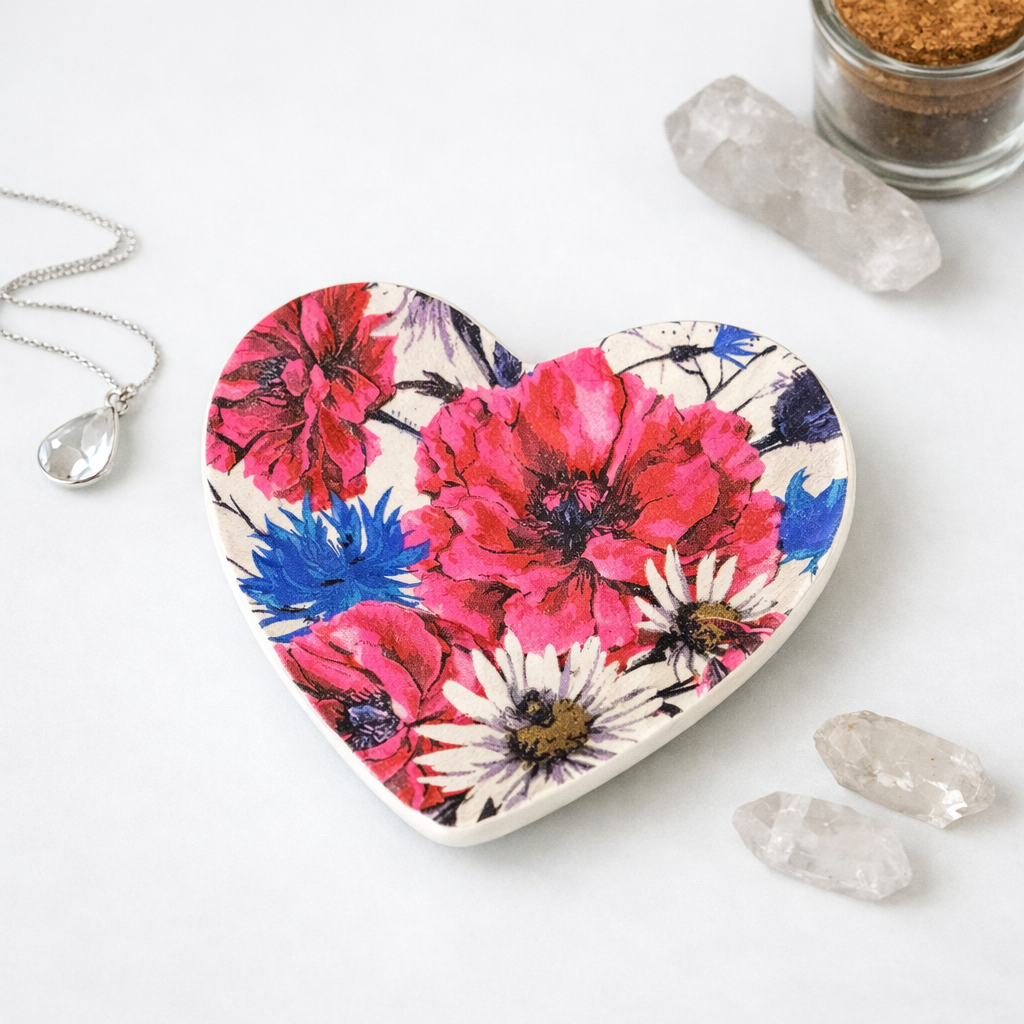 A heart-shaped ceramic dish or tray with a vibrant floral print featuring pink, red, blue, and white flowers, styled on a white surface with crystals and a necklace.