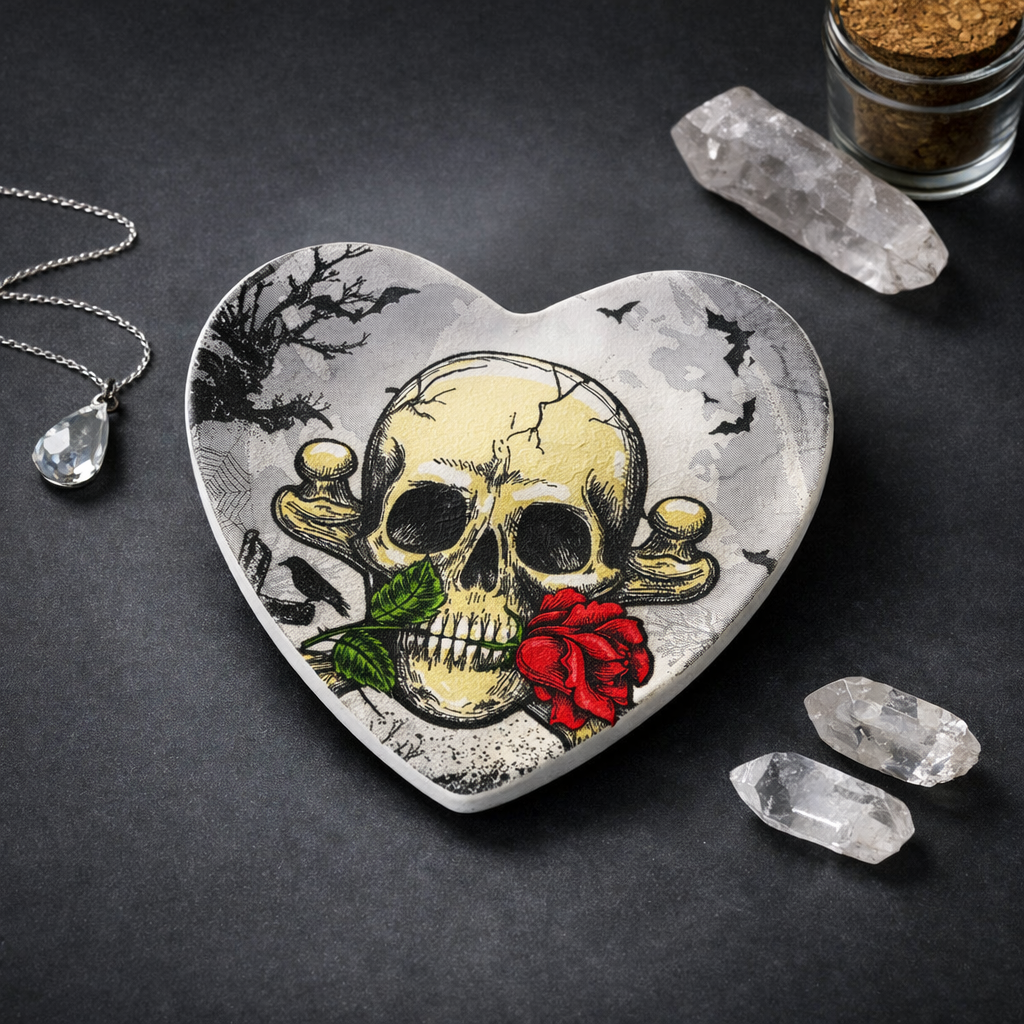 A heart-shaped decorative tray featuring a detailed skull illustration with a red rose and green leaves, surrounded by gothic artwork. The tray is styled on a dark surface with crystals, a necklace, and a small jar of brown powder.