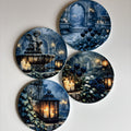 Four round coasters featuring gothic fantasy illustrations of stone fountains, glowing candles, lanterns, and dark blue flowers, arranged on a light neutral background.