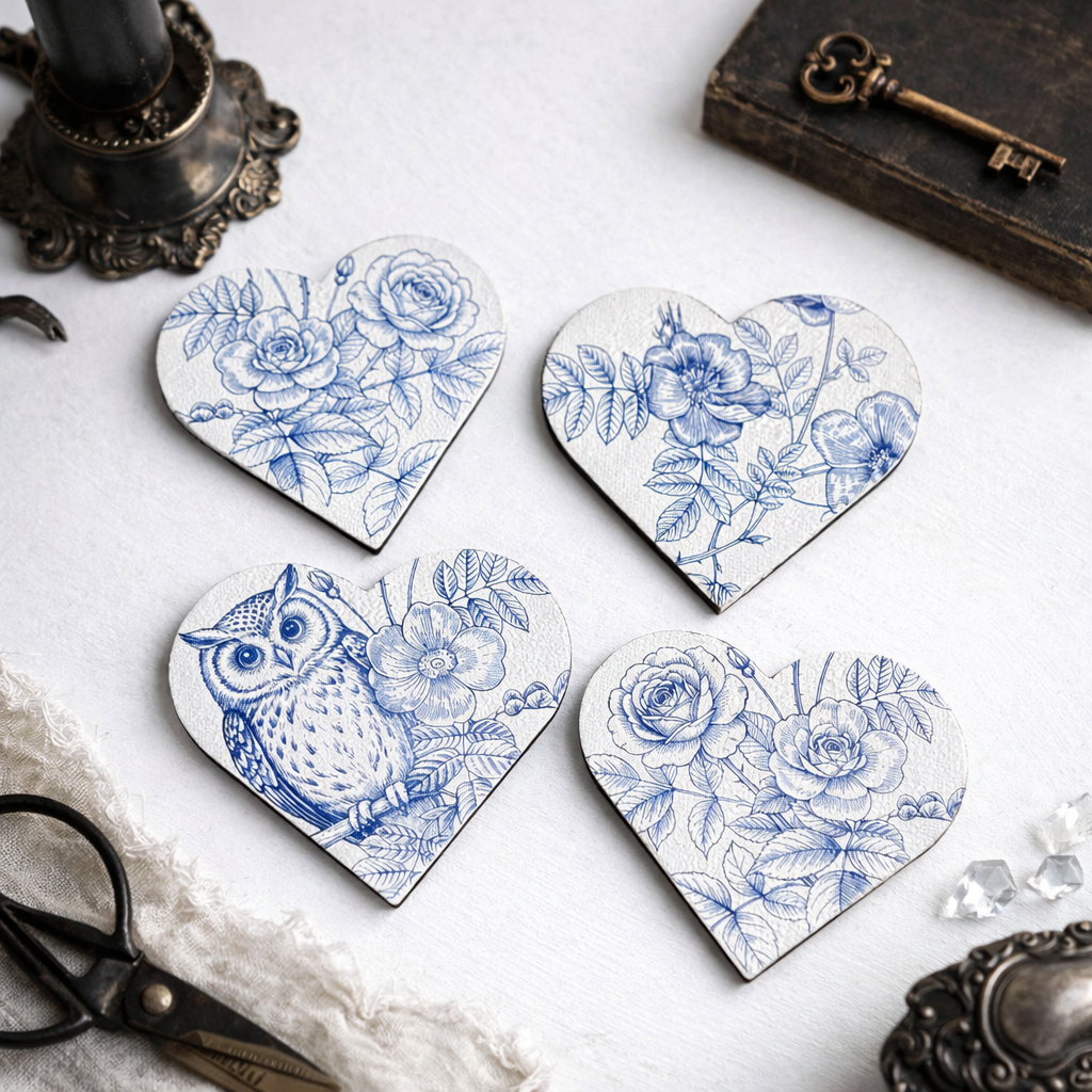 Four heart-shaped magnets with blue floral and owl illustrations on a white background, styled in a flat-lay arrangement with vintage props.