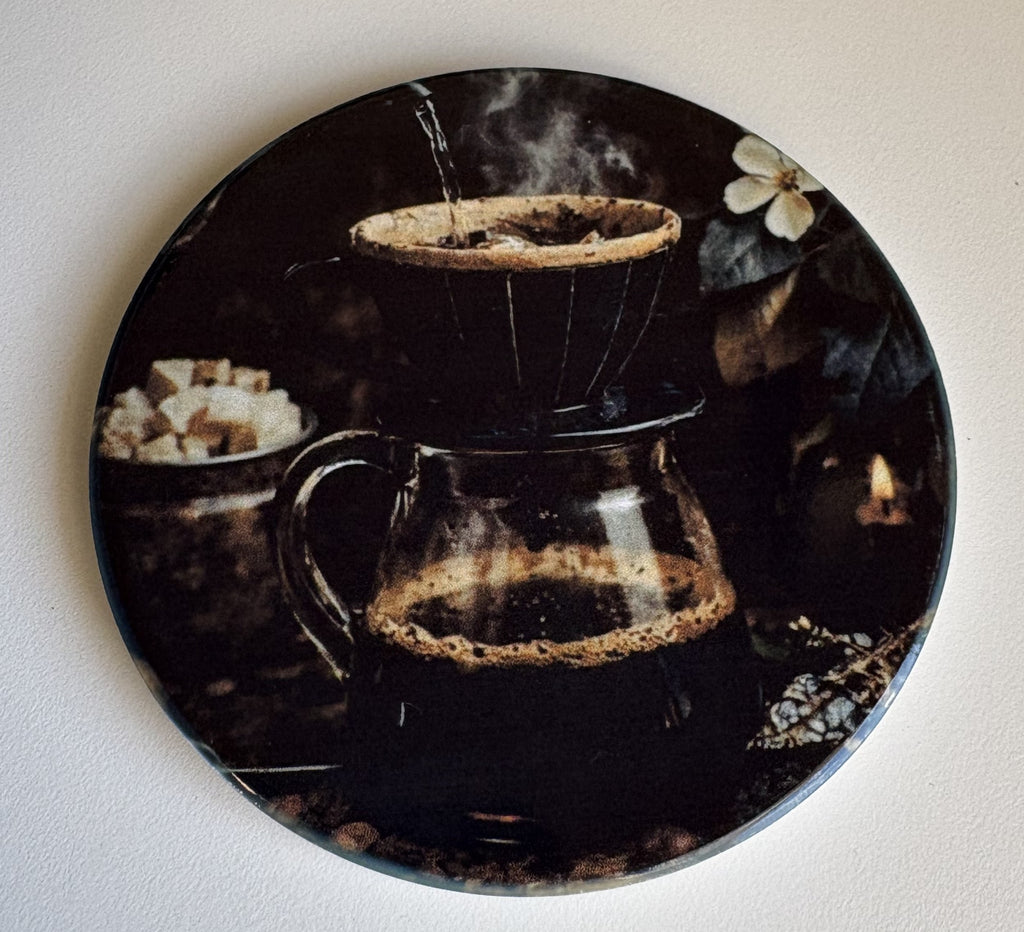 A round coaster featuring a dark, moody photograph of coffee being brewed on a pour-over dripper with steam rising, set against a plain off-white background.