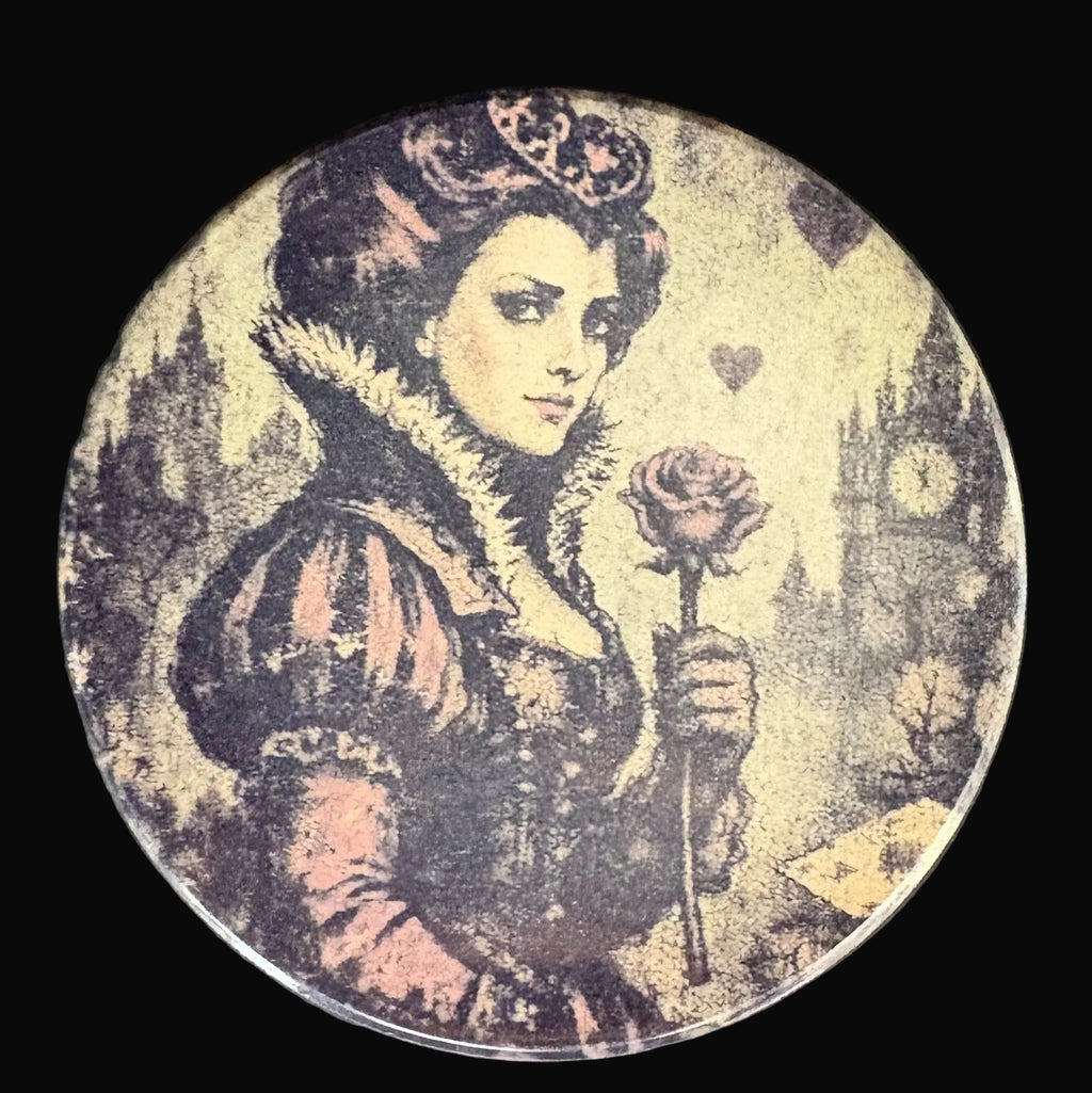 Circular decorative item with a vintage-style illustration of a woman holding a rose on a dark background.