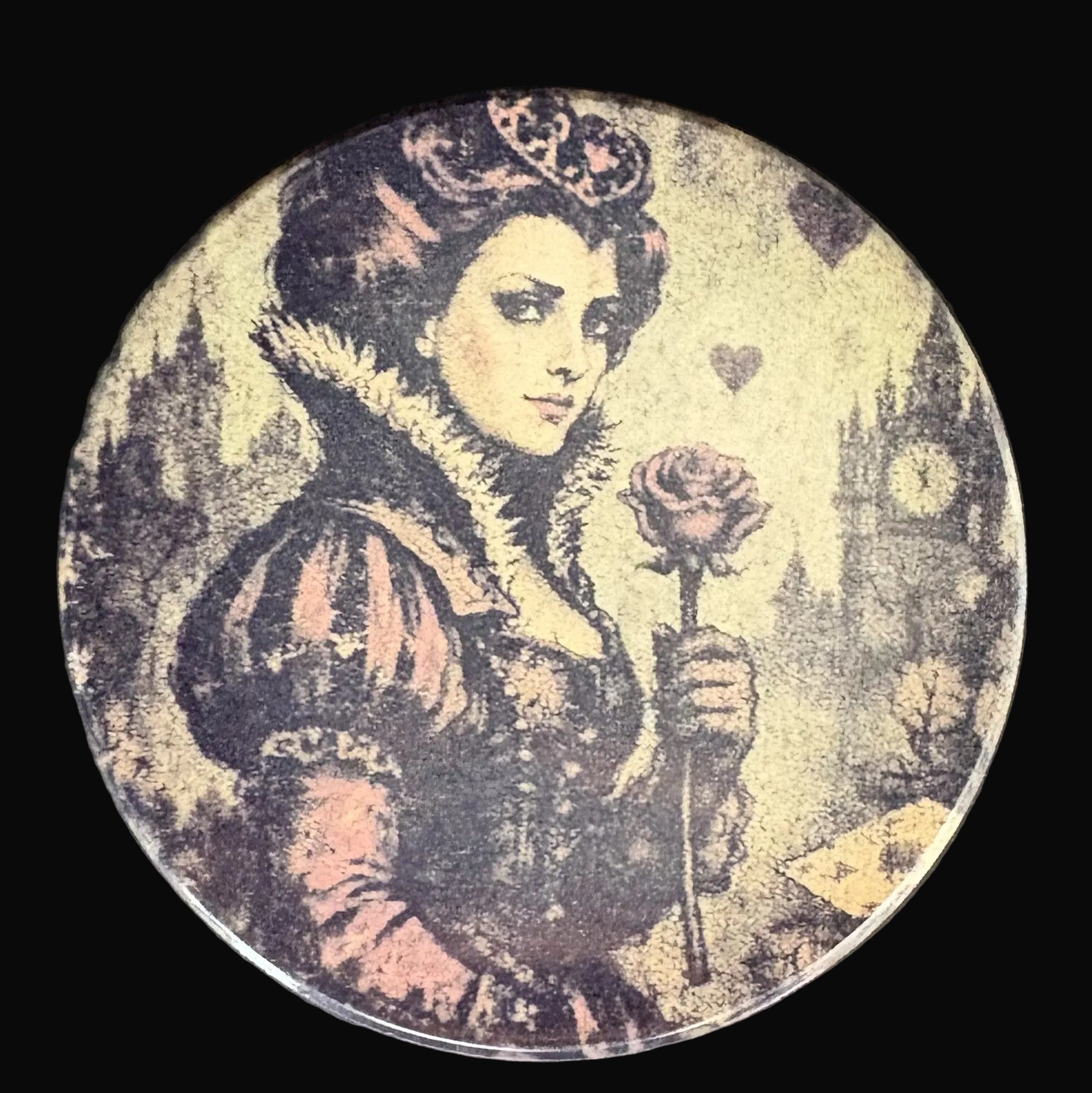 Circular decorative item with a vintage-style illustration of a woman holding a rose on a dark background.