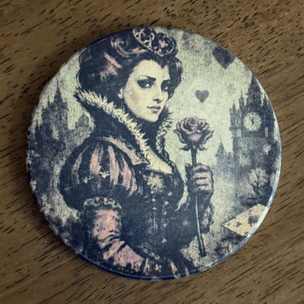 A round coaster featuring a vintage-style illustration of a woman in historical dress holding a rose, set against a dark blue and beige background with a rose-gold-toned metallic rim.