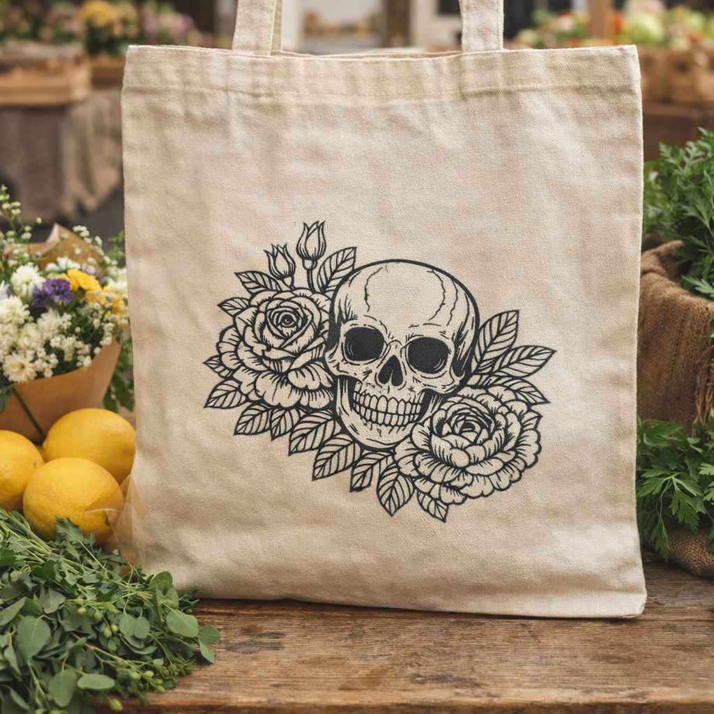 Beige tote bag with skull and floral design on a wooden surface with lemons and flowers.