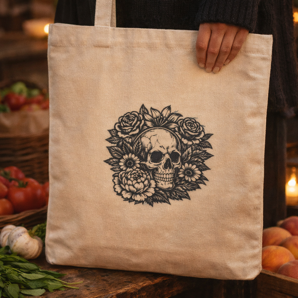 Tote bag with skull and floral design held by a person in a market setting.