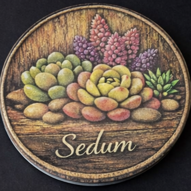 A round wooden coaster featuring a illustration of various succulent plants with the word 'Sedum' written in elegant script at the bottom, set against a dark background.