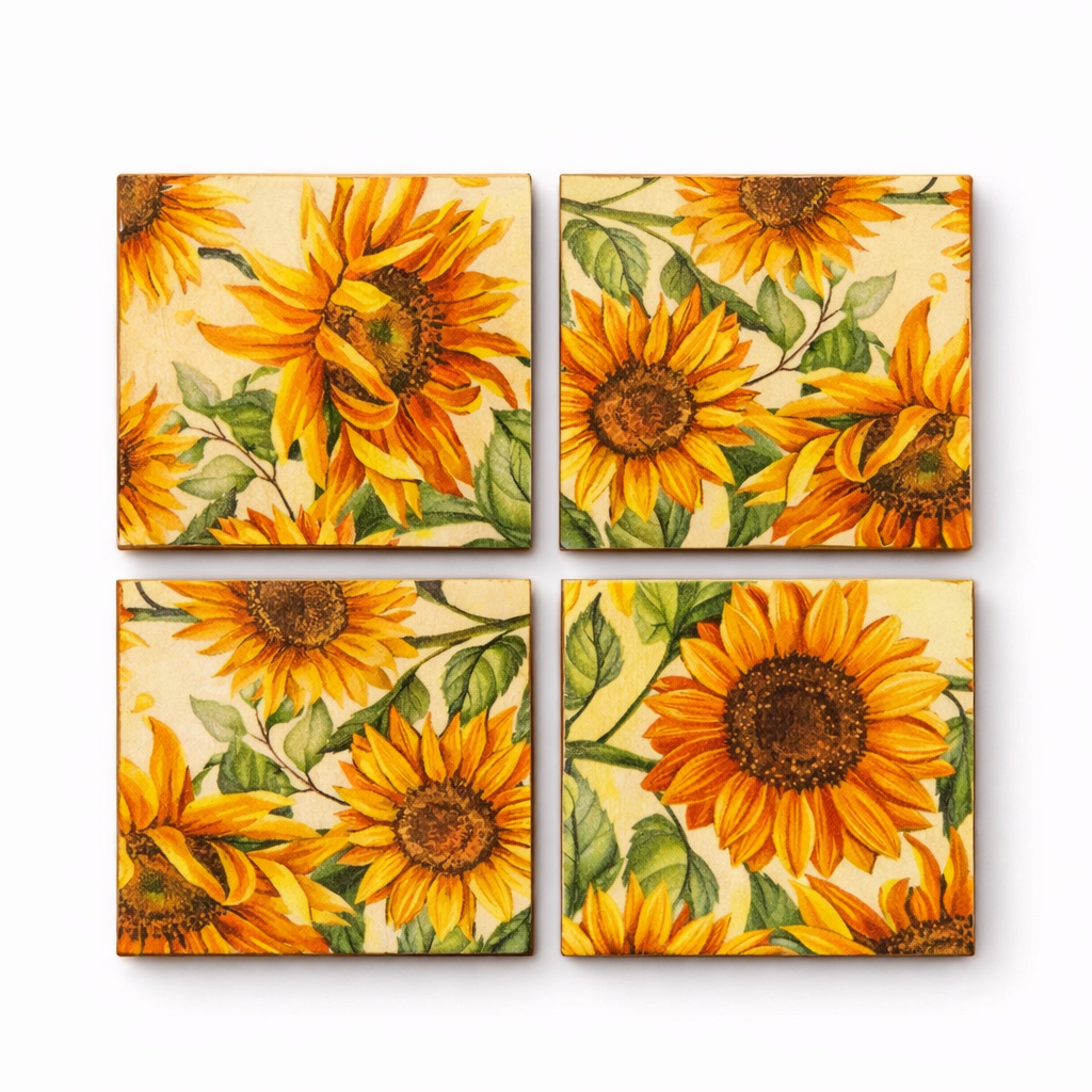 Four sunflower-themed Magnets tiles on a white background