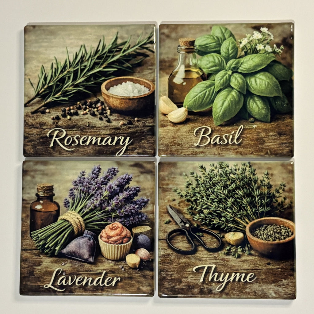 Four tiles with images of herbs and their names: Rosemary, Basil, Lavender, and Thyme.