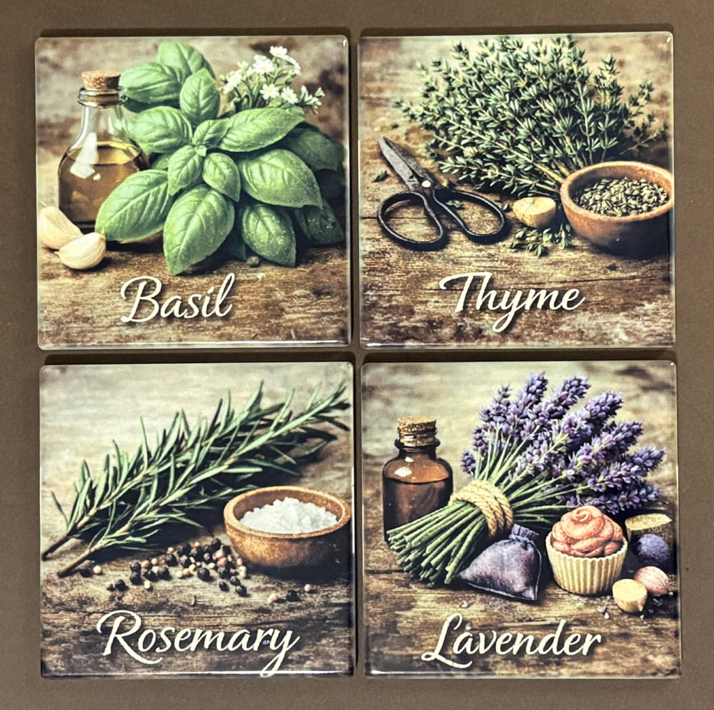 Four tiles with herbs and their names: Basil, Thyme, Rosemary, and Lavender.