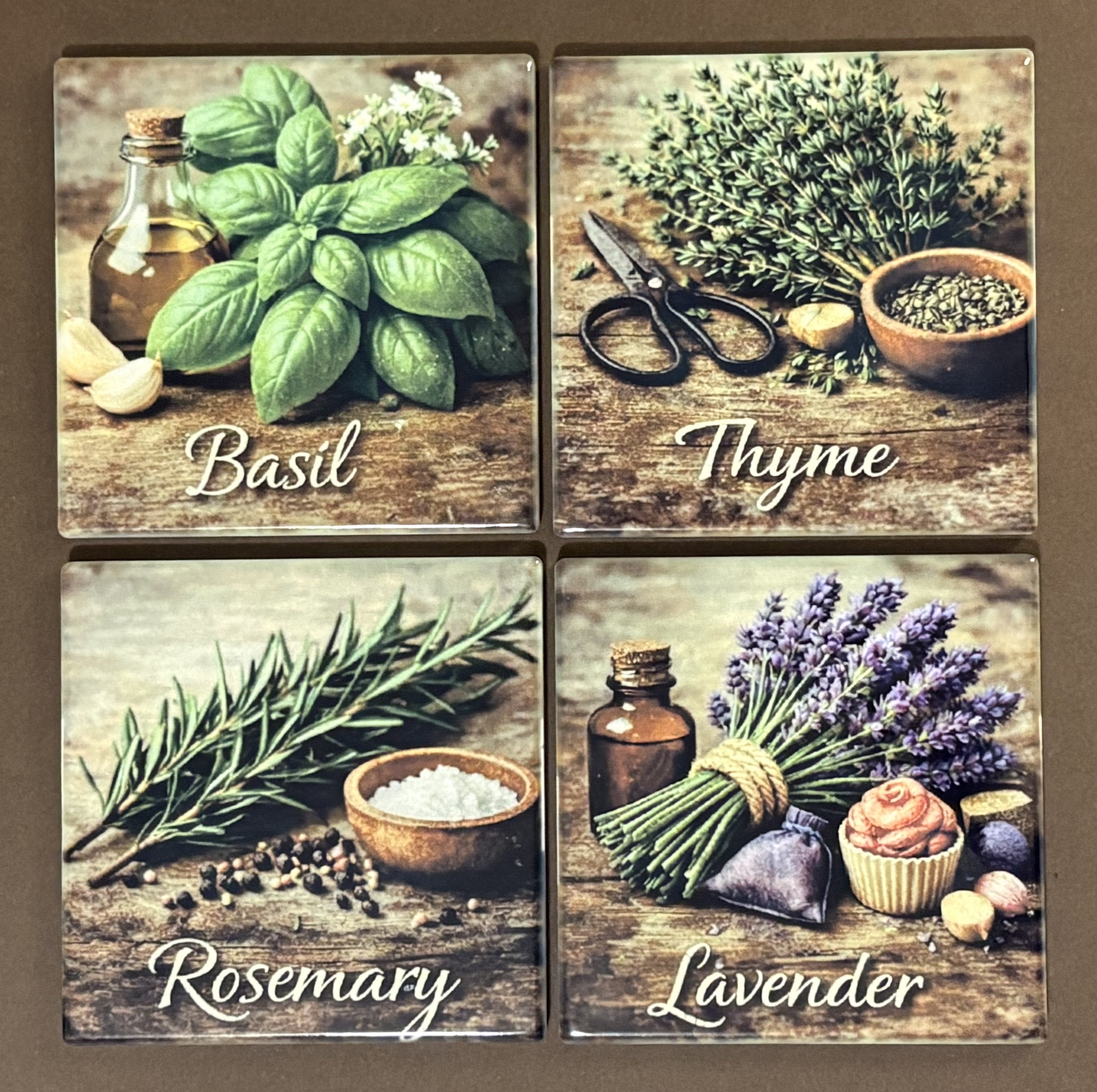 Four tiles with herbs and their names: Basil, Thyme, Rosemary, and Lavender.